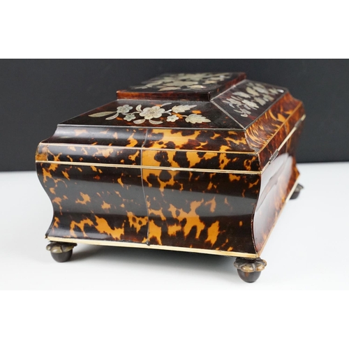 143 - 19th century tortoiseshell sarcophagus sewing box, with mother of pearl inlaid floral decoration, op... 