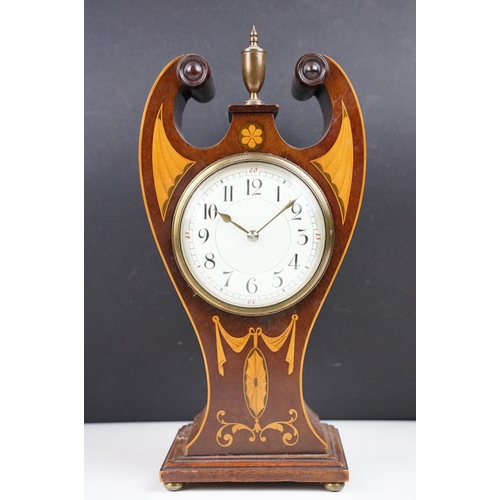 146 - Edwardian Art Nouveau inlaid mahogany mantel clock, with white enamel dial, black Arabic numerals, t... 