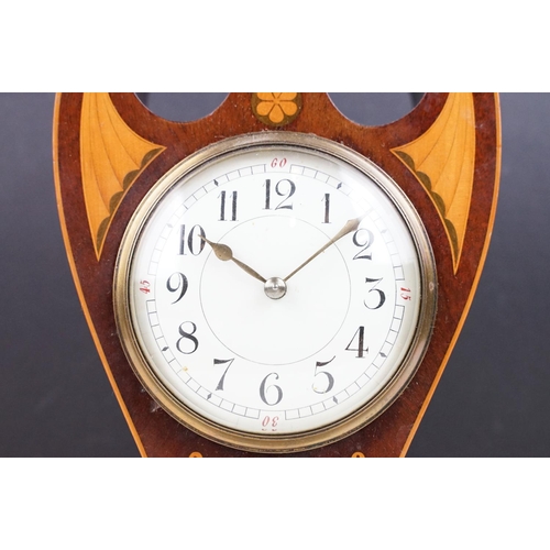 146 - Edwardian Art Nouveau inlaid mahogany mantel clock, with white enamel dial, black Arabic numerals, t... 