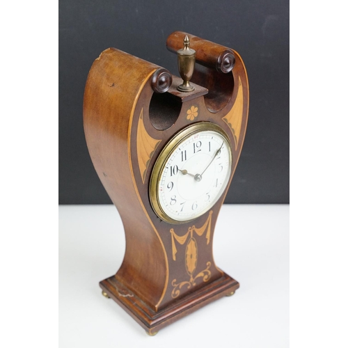 146 - Edwardian Art Nouveau inlaid mahogany mantel clock, with white enamel dial, black Arabic numerals, t... 