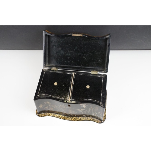 147 - Victorian black lacquered twin compartment tea caddy with shaped front, the lid inlaid abalone shell... 