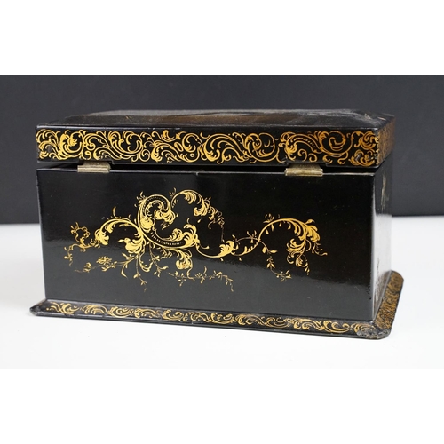 147 - Victorian black lacquered twin compartment tea caddy with shaped front, the lid inlaid abalone shell... 