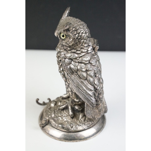 148 - Novelty silver plated desk inkwell modelled as an Owl, with glass eyes, complete with glass liner, p... 