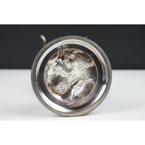 148 - Novelty silver plated desk inkwell modelled as an Owl, with glass eyes, complete with glass liner, p... 