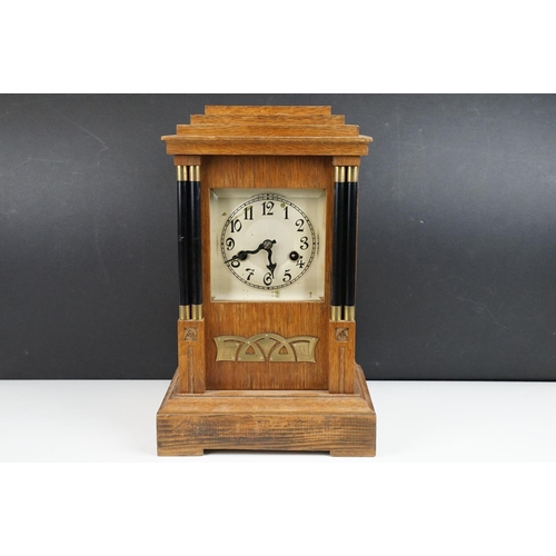 149 - Early-to-mid 20th century German H. A. C oak 14 day strike mantel clock, no. 3270, the case of stepp... 