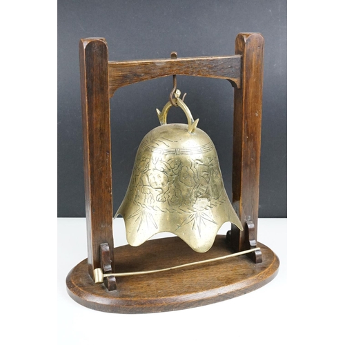 155 - Oak and Brass ' Fireman's Helmet ' Dinner Gong, approx 34cm tall