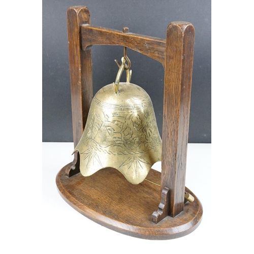 155 - Oak and Brass ' Fireman's Helmet ' Dinner Gong, approx 34cm tall