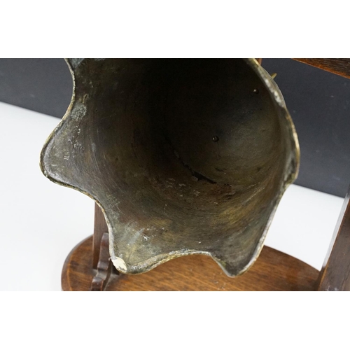 155 - Oak and Brass ' Fireman's Helmet ' Dinner Gong, approx 34cm tall