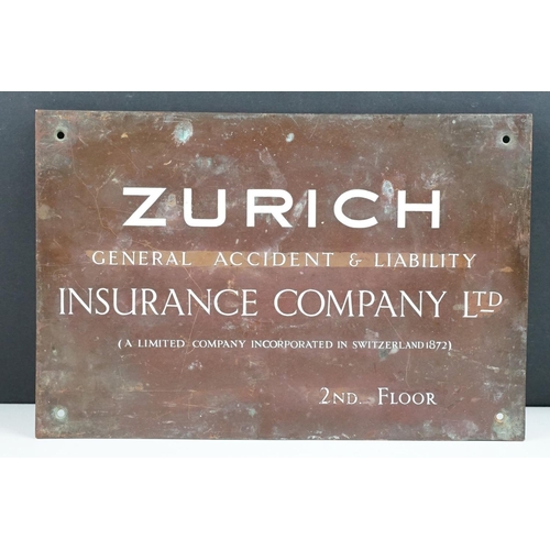 156 - Mid century Bronze Insurance Company Name Sign ' Zurich General Accident & Liability, Insurance Comp... 