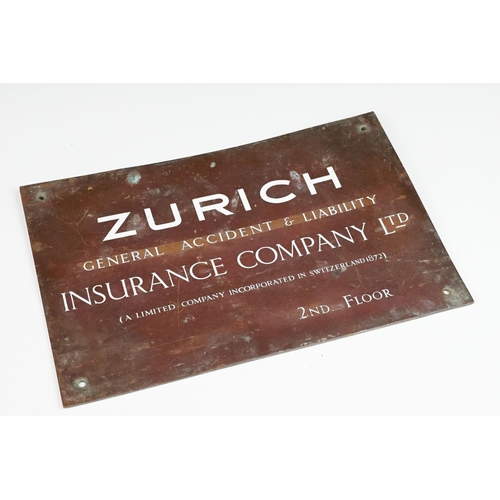 156 - Mid century Bronze Insurance Company Name Sign ' Zurich General Accident & Liability, Insurance Comp... 