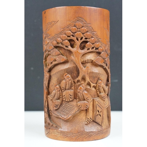 157 - Chinese Bamboo Carved Brush Pot together with three Bamboo handled Brushes