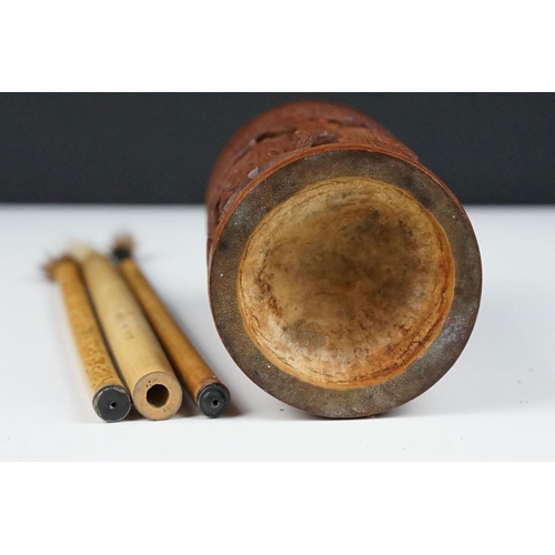 157 - Chinese Bamboo Carved Brush Pot together with three Bamboo handled Brushes