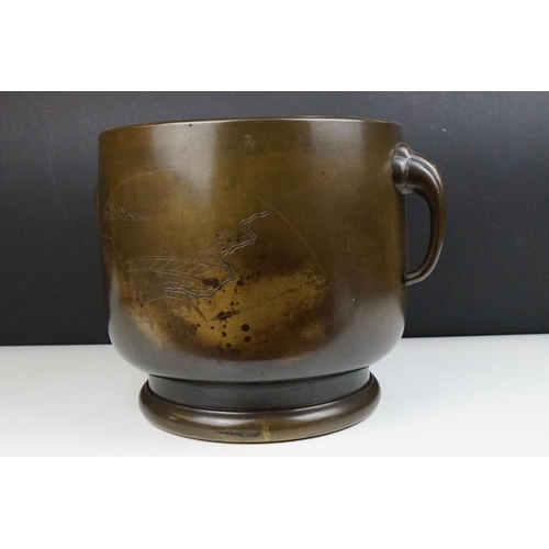 158 - Large Chinese Bronze Twin Handled Censer engraved with landscape scenes and silver inlay, 24cm high