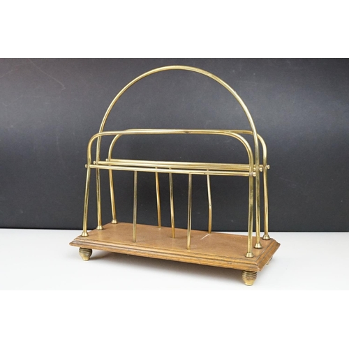 185 - Edwardian Brass and Oak Magazine Rack, 37cm high