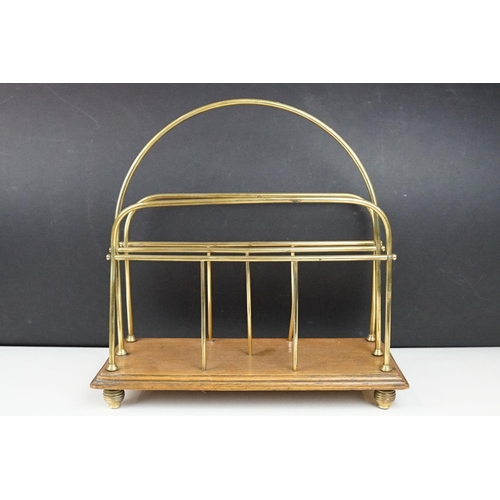 185 - Edwardian Brass and Oak Magazine Rack, 37cm high