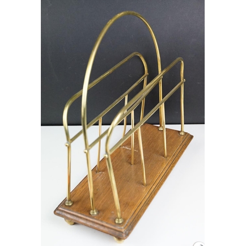 185 - Edwardian Brass and Oak Magazine Rack, 37cm high