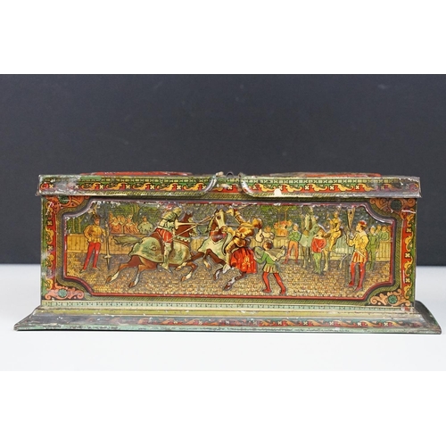 188 - Early 20th Century Huntley & Palmers biscuit tin have a double lidded compartment featuring embossed... 