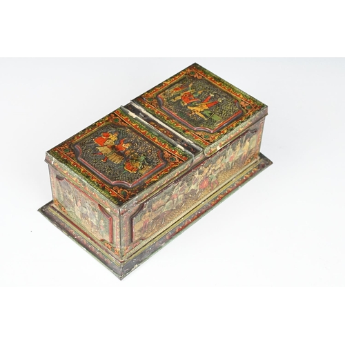 188 - Early 20th Century Huntley & Palmers biscuit tin have a double lidded compartment featuring embossed... 