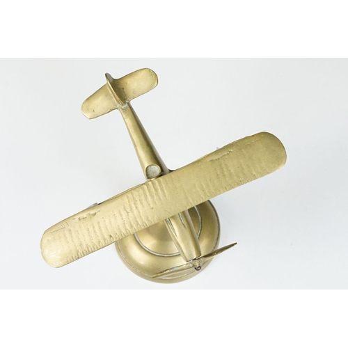 190 - Brass Model on Stand of a Bi-Plane Airplane, 14cm high