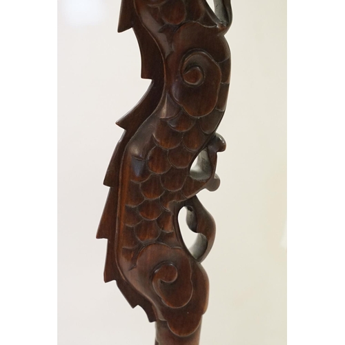 195 - Art Deco era Chinese carved hard wood table lamp carved into the form of a Chinese dragon with pierc... 