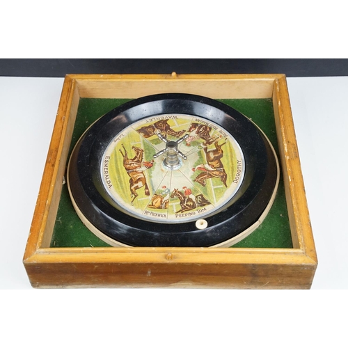 199 - F H Ayres of London ' Sandown ' roulette style game spinning wheels with horse racing graphics, boxe... 