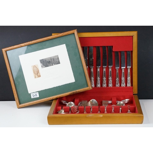 203 - Sheffield silver plate Kings pattern six setting canteen of cutlery, wooden cased; plus a Canadian l... 