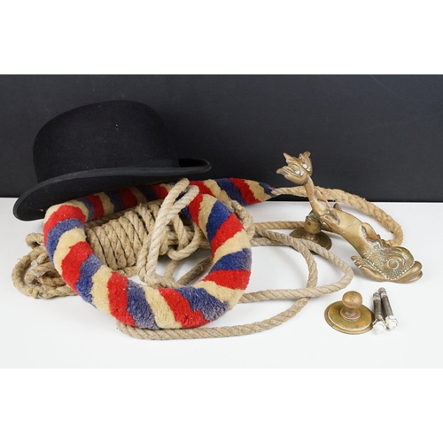 204 - Maltese brass dolphin door knocker, together with a Dunn & Co of London black bowler hat, and a chur... 