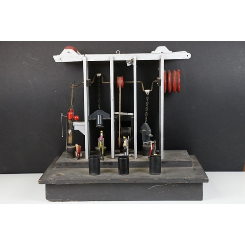 210 - Scratch built painted wooden metalworking mechanical model, the metalworkers with articulated limbs,... 