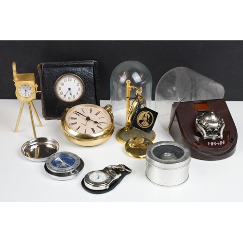 364 - A small collection of vintage and contemporary clocks and watches together with a pocket compass.