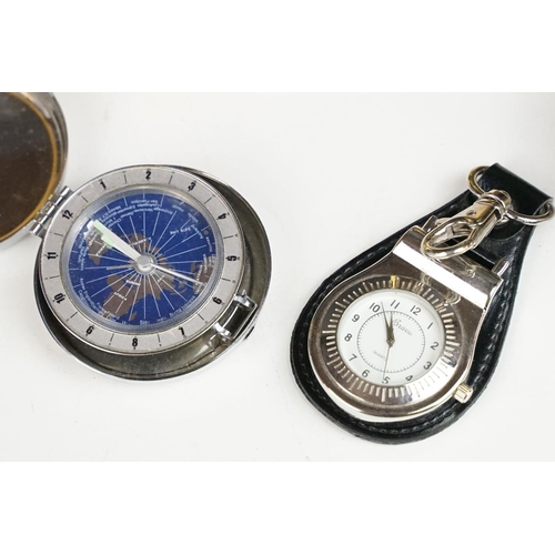 364 - A small collection of vintage and contemporary clocks and watches together with a pocket compass.