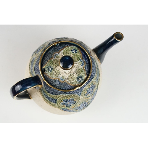 43 - William Moorcroft for Macintyre - Florian teapot, jug & stand, circa 1900, with green, blue & gilt f... 