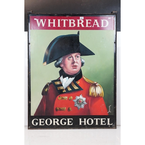 449 - Large hanging Whitbread George Hotel sign featuring a hand painted portrait with printed lettering a... 