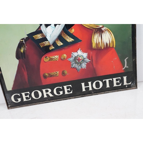 449 - Large hanging Whitbread George Hotel sign featuring a hand painted portrait with printed lettering a... 