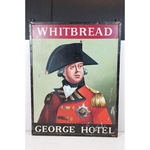 449 - Large hanging Whitbread George Hotel sign featuring a hand painted portrait with printed lettering a... 