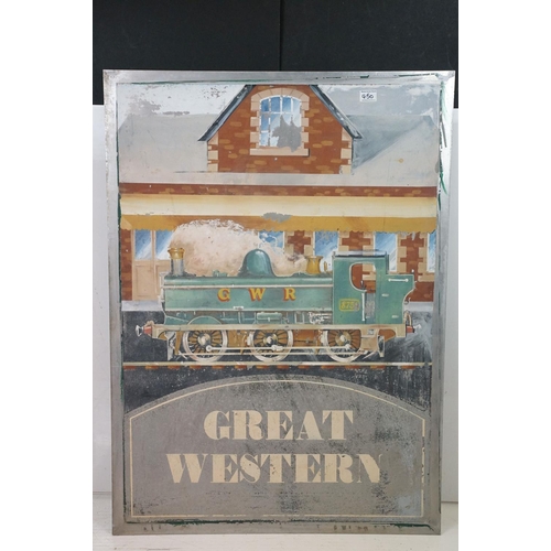 450 - 20th Century hand painted train / railway interest sign depicting a GWR train pulling into a station... 