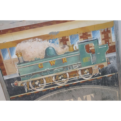 450 - 20th Century hand painted train / railway interest sign depicting a GWR train pulling into a station... 