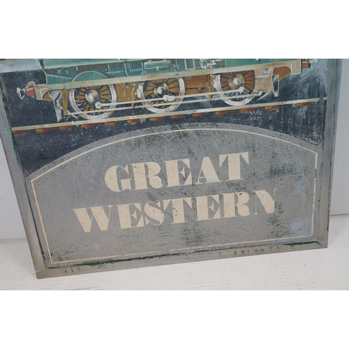 450 - 20th Century hand painted train / railway interest sign depicting a GWR train pulling into a station... 