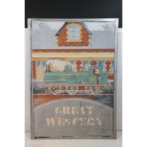 450 - 20th Century hand painted train / railway interest sign depicting a GWR train pulling into a station... 