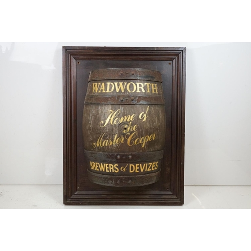 453 - Wadworth Home of Master Cooper Brewers of Devizes half barrel sign set within a wooden frame. The si... 