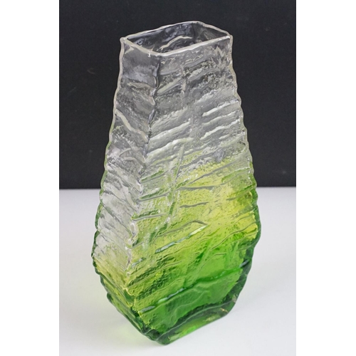 47 - Two 1970s textured studio glass vases to include a bark effect vase in green & amber (possibly Ingri... 