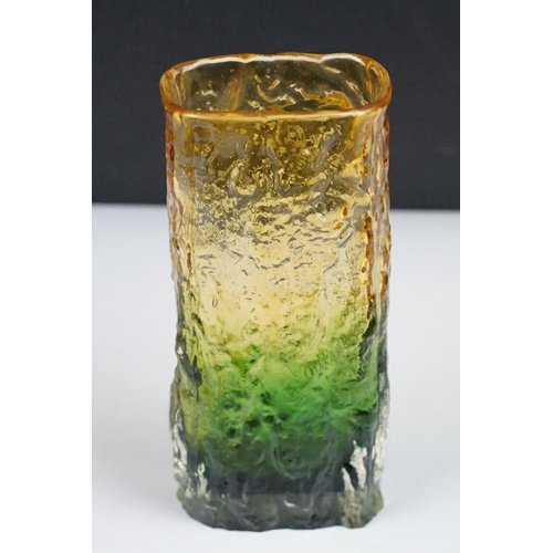 47 - Two 1970s textured studio glass vases to include a bark effect vase in green & amber (possibly Ingri... 