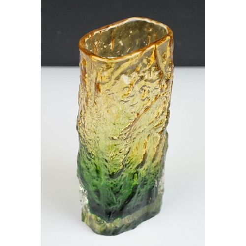 47 - Two 1970s textured studio glass vases to include a bark effect vase in green & amber (possibly Ingri... 