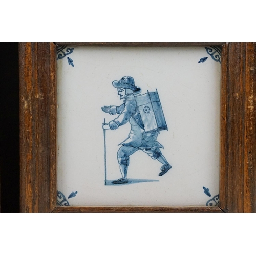 50 - Two Dutch Delft blue & white tiles, depicting a walking gentleman and lady with basket, wooden frame... 