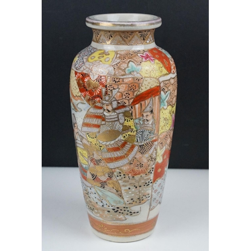 57 - Japanese Satsuma baluster vase with enamelled decoration depicting figures in traditional dress, mar... 