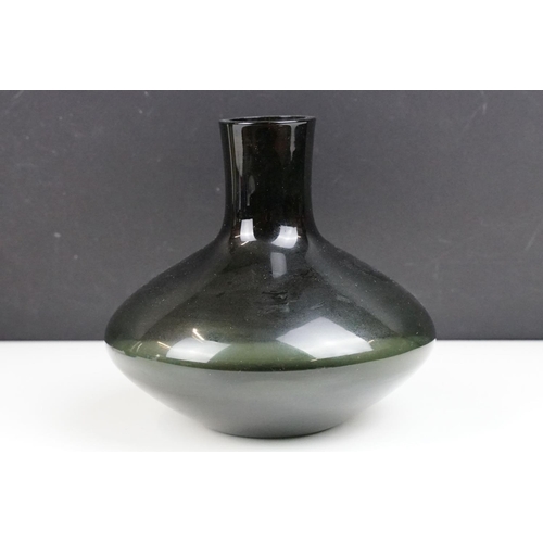 67 - Whitefriars Shadow Green Soda Vase (14cm high, with Whitefriars sticker), a Whitefriars smoky glass ... 