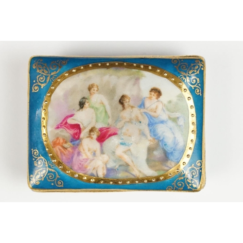 73 - Continental porcelain trinket box, the lid with oval panel depicting robed maidens, on a blue ground... 