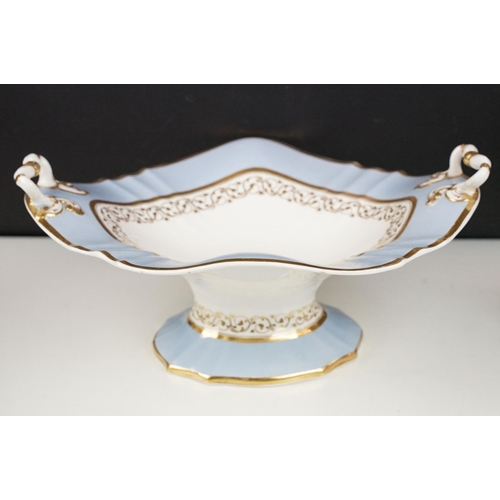 86 - 19th Century Victorian part dinner service having gilt and light blue rims, with scrolled foliate de... 