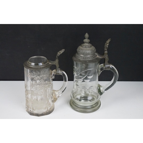 94 - Group of ceramics to include two 19th Century cut glass pewter lidded steins one being hand cut with... 