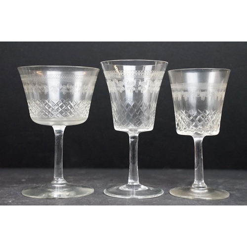 98 - Collection of early 20th Century glasses to include four sherry glasses and eight larger examples al... 