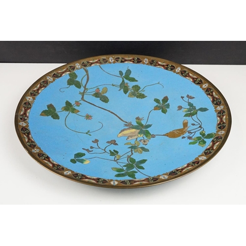 170 - Large 19th century Japanese Cloisonne Charger decorated with a bird and a strawberry plant on a blue... 